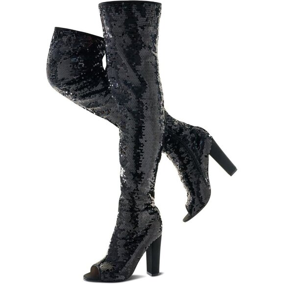 Women Black Sequin Over The Knee High Party Prom Open Toe Chunky High Heel Boot - Picture 1 of 6
